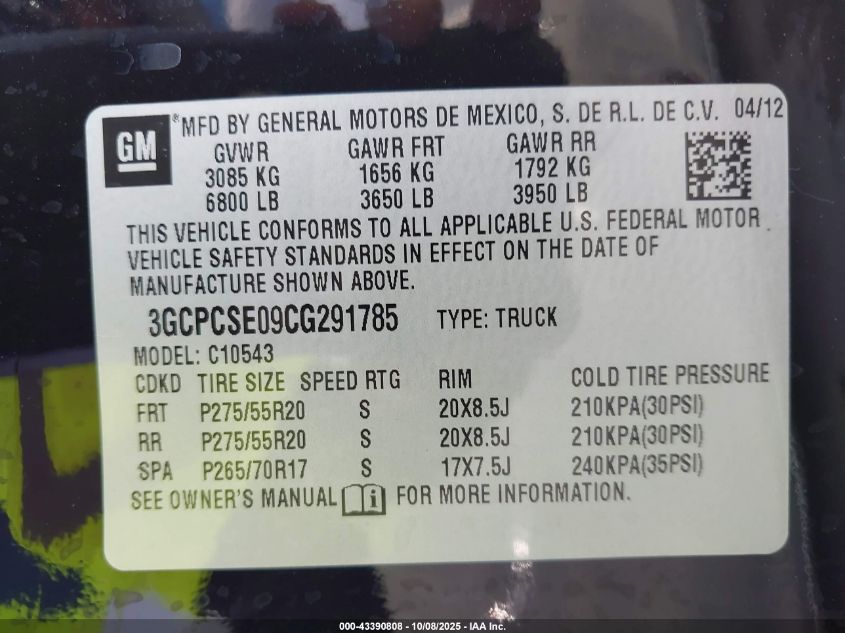 2012 Chevrolet Silverado 1500 Lt VIN: 3GCPCSE09CG291785 Lot: 43390808