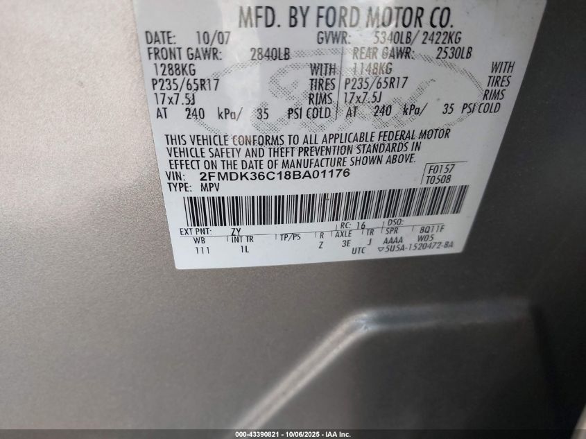 2008 Ford Edge Se VIN: 2FMDK36C18BA01176 Lot: 43390821