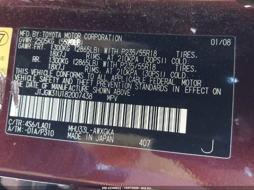 2008 Lexus Rx 400H VIN: JTJGW31U182007438 Lot: 43390822