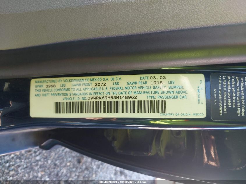 2003 Volkswagen Jetta Gl VIN: 3VWRK69M53M148962 Lot: 43390824