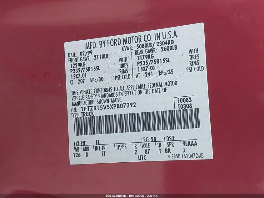 1999 Ford Ranger Xl/Xlt VIN: 1FTZR15V5XPB07392 Lot: 43390826