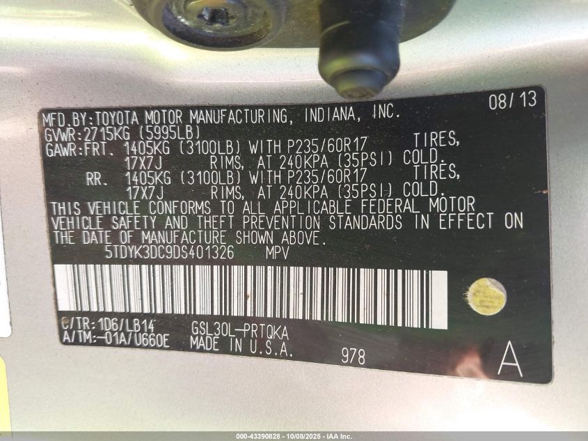 2013 Toyota Sienna Xle V6 8 Passenger VIN: 5TDYK3DC9DS401326 Lot: 43390828