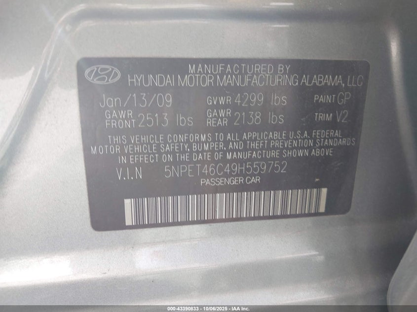 2009 Hyundai Sonata Gls VIN: 5NPET46C49H559752 Lot: 43390833