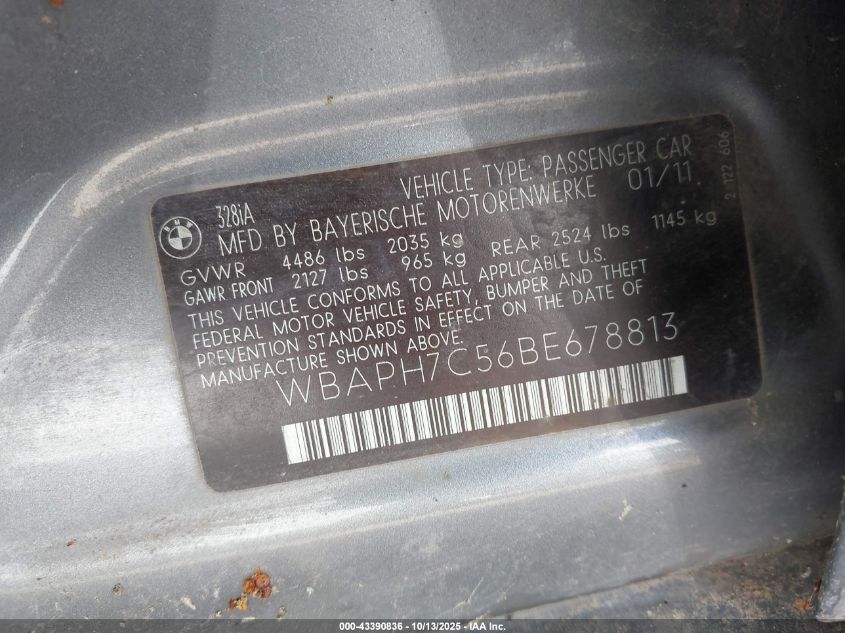 2011 BMW 328I VIN: WBAPH7C56BE678813 Lot: 43390836