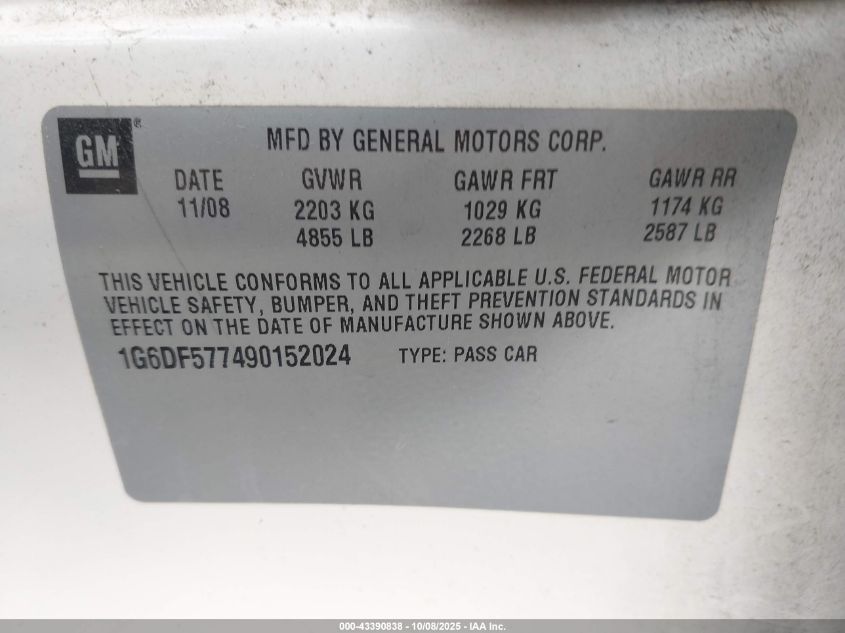 2009 Cadillac Cts Standard VIN: 1G6DF577490152024 Lot: 43390838