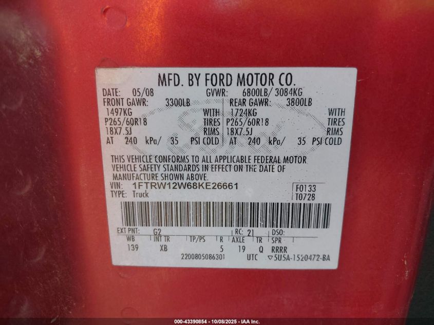 2008 Ford F-150 60Th Anniversary/Fx2/Xl/Xlt VIN: 1FTRW12W68KE26661 Lot: 43390854
