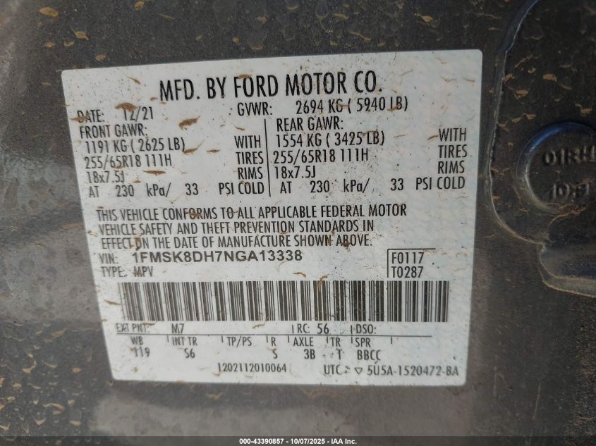 2022 Ford Explorer Xlt VIN: 1FMSK8DH7NGA13338 Lot: 43390857