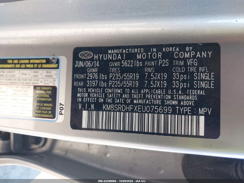 2014 Hyundai Santa Fe Limited VIN: KM8SRDHFXEU075699 Lot: 43390860