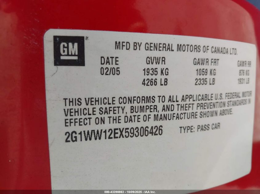 2005 Chevrolet Monte Carlo Ls VIN: 2G1WW12EX59306426 Lot: 43390863