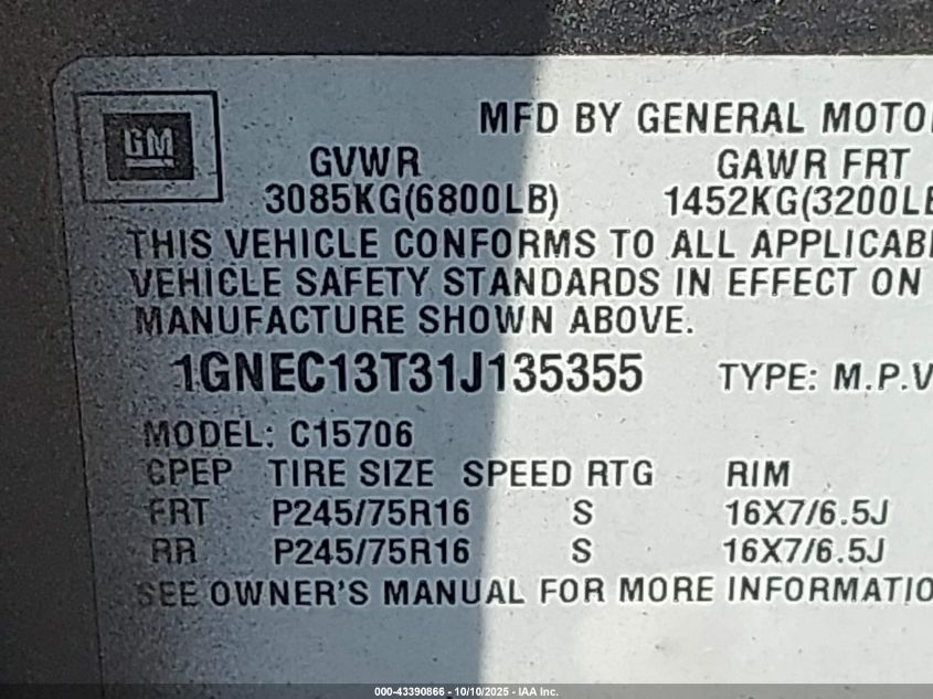 2001 Chevrolet Tahoe Ls VIN: 1GNEC13T31J135355 Lot: 43390866