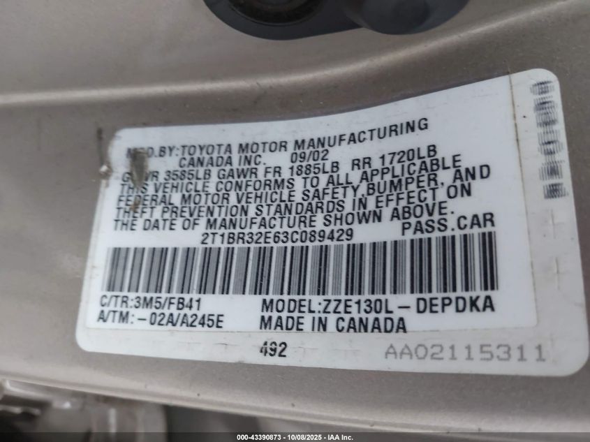 2003 Toyota Corolla Ce VIN: 2T1BR32E63C089429 Lot: 43390873