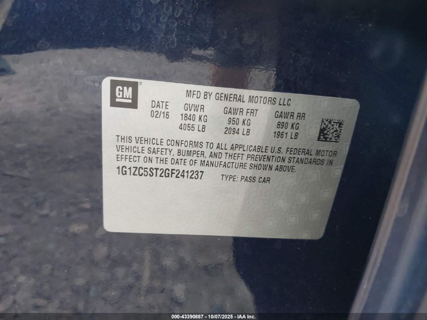 2016 Chevrolet Malibu 1Fl VIN: 1G1ZC5ST2GF241237 Lot: 43390887