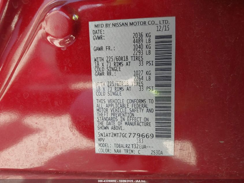 2016 Nissan Rogue Sl VIN: 5N1AT2MT7GC779669 Lot: 43390892