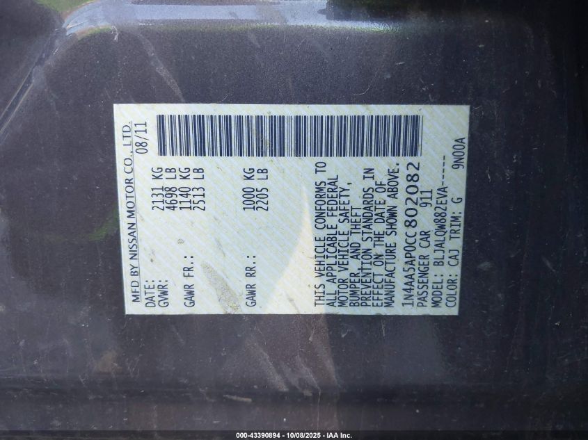 2012 Nissan Maxima 3.5 S VIN: 1N4AA5AP0CC802082 Lot: 43390894