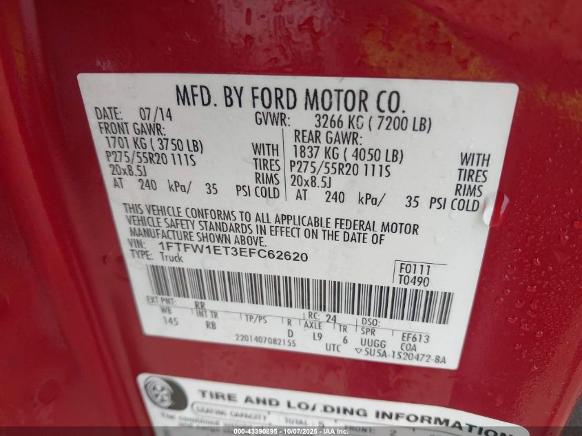 2014 Ford F-150 Fx4 VIN: 1FTFW1ET3EFC62620 Lot: 43390895
