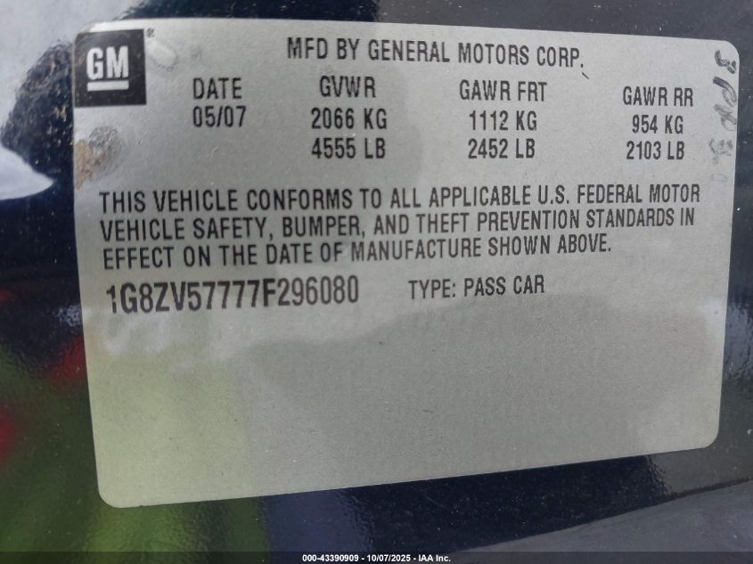 2007 Saturn Aura Xr VIN: 1G8ZV57777F296080 Lot: 43390909