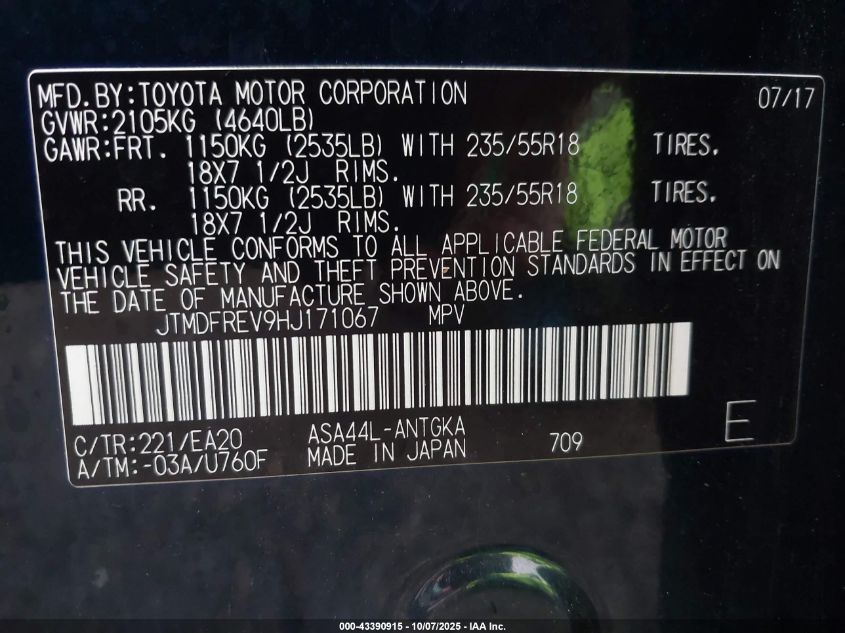 2017 Toyota Rav4 Limited VIN: JTMDFREV9HJ171067 Lot: 43390915