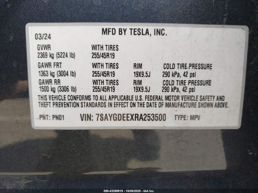 2024 Tesla Model Y Long Range Dual Motor All-Wheel Drive VIN: 7SAYGDEEXRA253500 Lot: 43390919