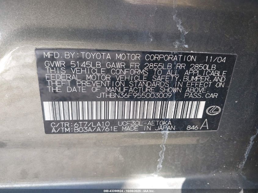 2005 Lexus Ls 430 VIN: JTHBN36F955003009 Lot: 43390924