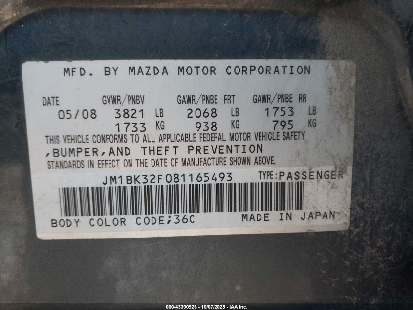 2008 Mazda Mazda3 I Touring Value VIN: JM1BK32F081165493 Lot: 43390926