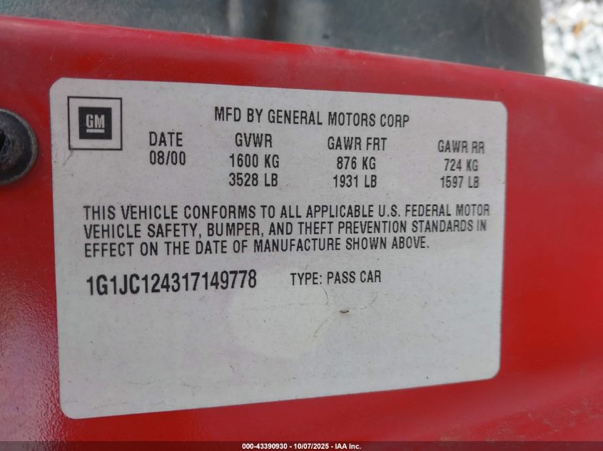 2001 Chevrolet Cavalier VIN: 1G1JC124317149778 Lot: 43390930