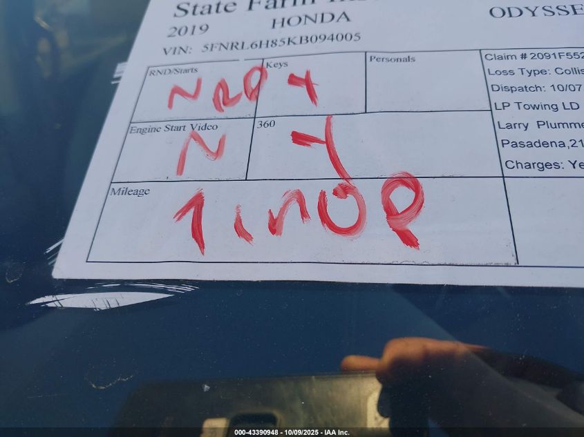 2019 Honda Odyssey Touring VIN: 5FNRL6H85KB094005 Lot: 43390948