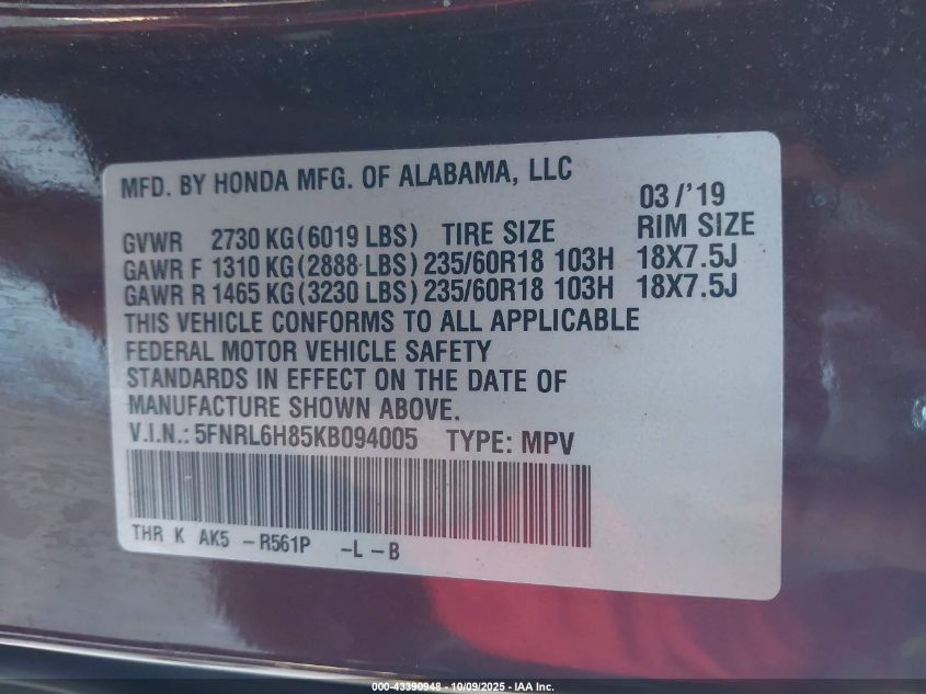 2019 Honda Odyssey Touring VIN: 5FNRL6H85KB094005 Lot: 43390948