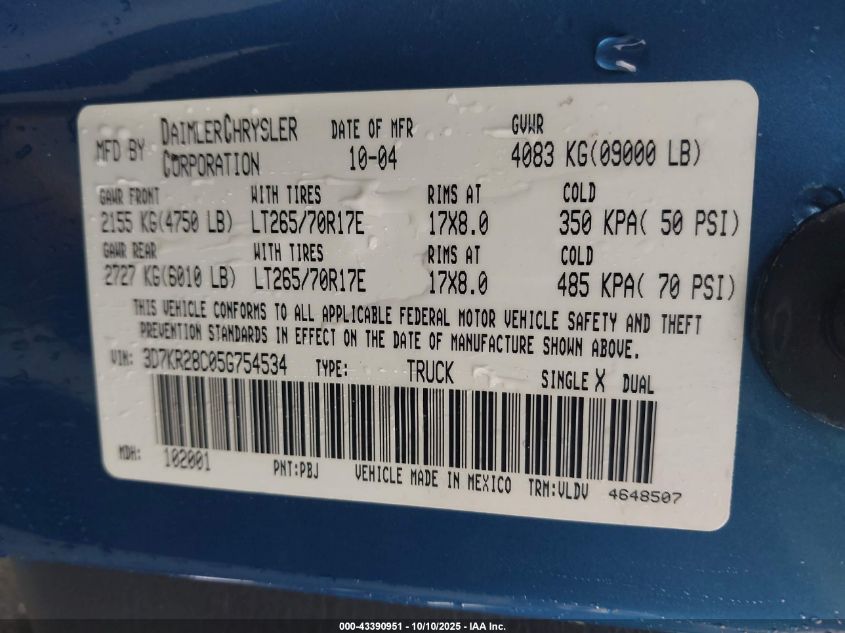 2005 Dodge Ram 2500 Slt/Laramie VIN: 3D7KR28C05G754534 Lot: 43390951