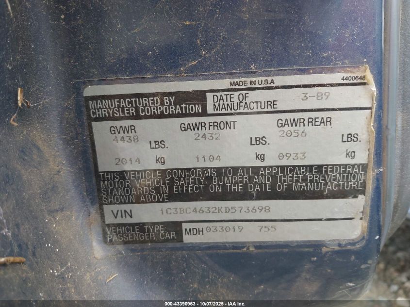 1989 Chrysler New Yorker C-Body VIN: 1C3BC4632KD573698 Lot: 43390963