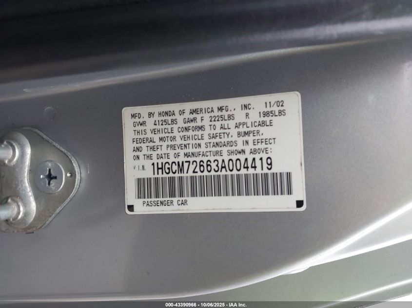 2003 Honda Accord 2.4 Ex VIN: 1HGCM72663A004419 Lot: 43390966