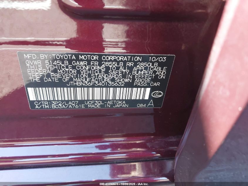 2004 Lexus Ls 430 VIN: JTHBN36F340135632 Lot: 43390971