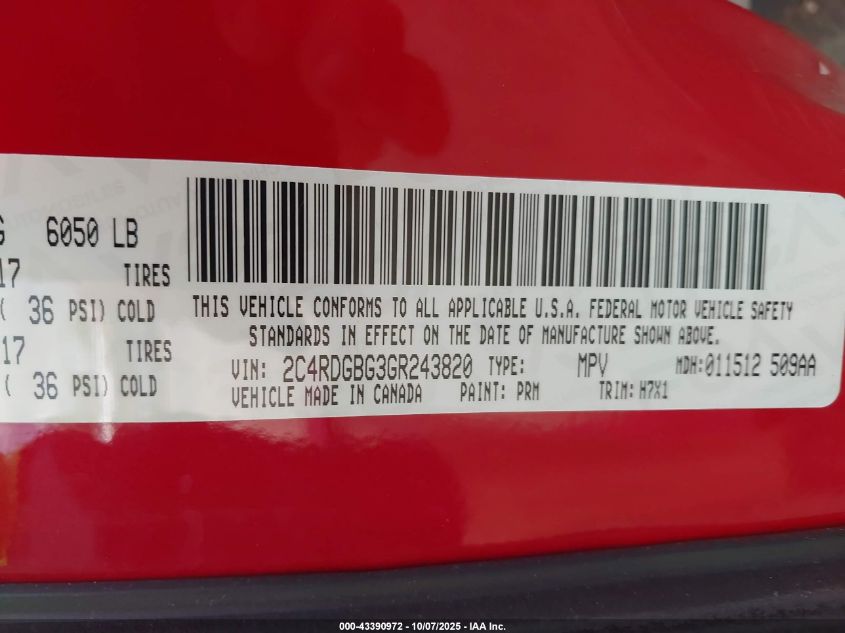 2016 Dodge Grand Caravan American Value Pkg VIN: 2C4RDGBG3GR243820 Lot: 43390972