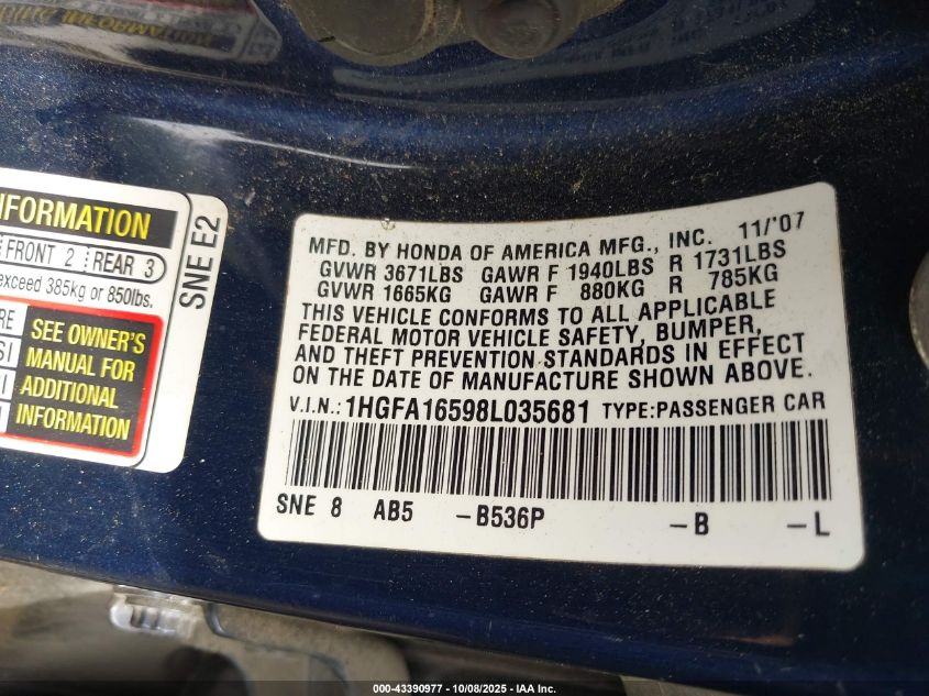2008 Honda Civic Lx VIN: 1HGFA16598L035681 Lot: 43390977