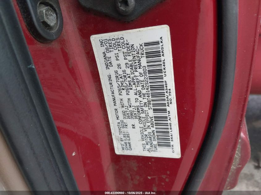 2002 Toyota Tundra Ltd V8 VIN: 5TBBT48142S223803 Lot: 43390980