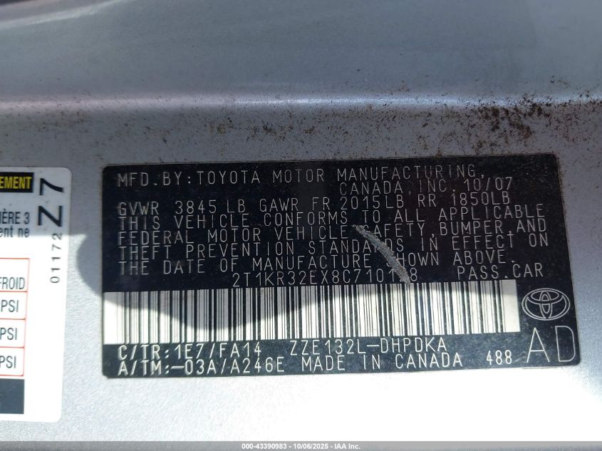 2008 Toyota Matrix VIN: 2T1KR32EX8C710128 Lot: 43390983