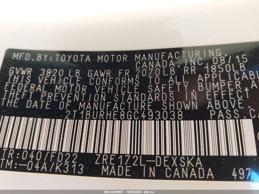 2016 Toyota Corolla S VIN: 2T1BURHE8GC493038 Lot: 43390987