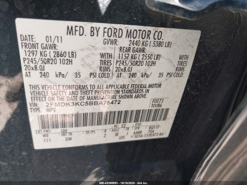 2011 Ford Edge Limited VIN: 2FMDK3KC5BBA75472 Lot: 43390993