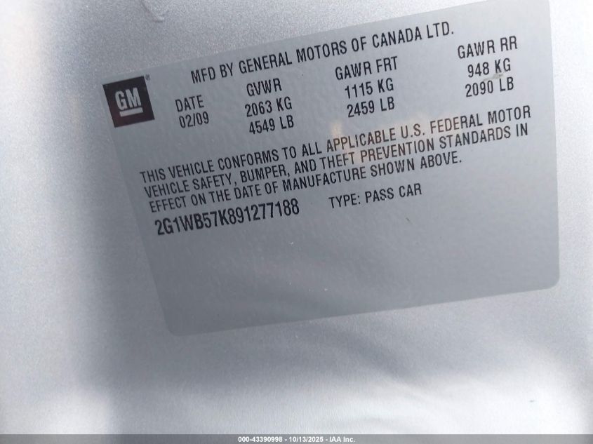 2009 Chevrolet Impala Ls VIN: 2G1WB57K891277188 Lot: 43390998