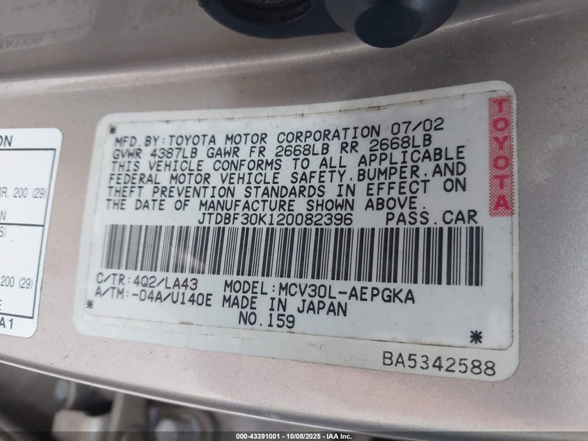 JTDBF30K120082396 2002 TOYOTA CAMRY photo no. 9