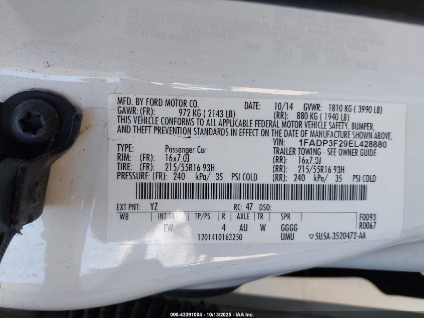 2014 Ford Focus Se VIN: 1FADP3F29EL428880 Lot: 43391004