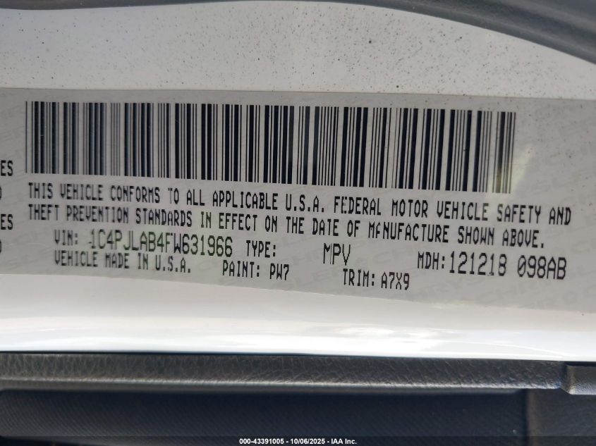 2015 Jeep Cherokee Sport VIN: 1C4PJLAB4FW631966 Lot: 43391005