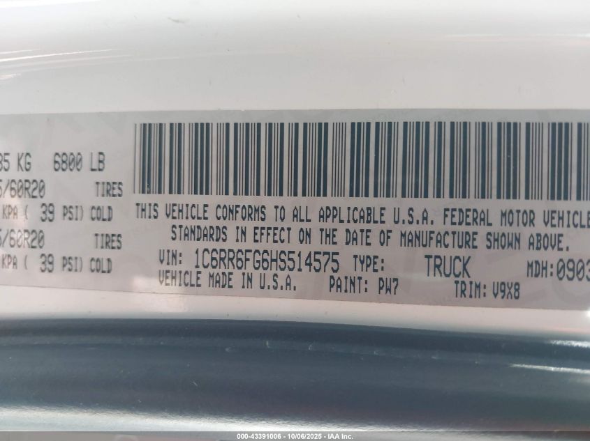 2017 Ram 1500 Express 4X2 6'4 Box VIN: 1C6RR6FG6HS514575 Lot: 43391006