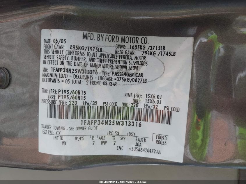 2005 Ford Focus Zx4 VIN: 1FAFP34N25W313316 Lot: 43391014