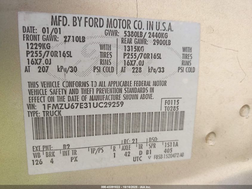 2003 Ford Explorer Sport Trac Xls/Xlt VIN: 1FMZU67E63UA33366 Lot: 43391022