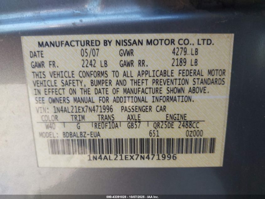 2007 Nissan Altima 2.5 S VIN: 1N4AL21EX7N471996 Lot: 43391028