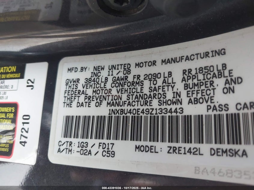 1NXBU40E49Z133443 2009 TOYOTA COROLLA photo no. 9