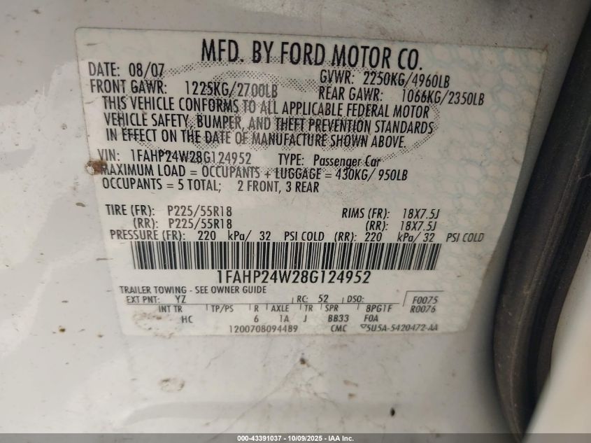 2008 Ford Taurus Sel VIN: 1FAHP24W28G124952 Lot: 43391037