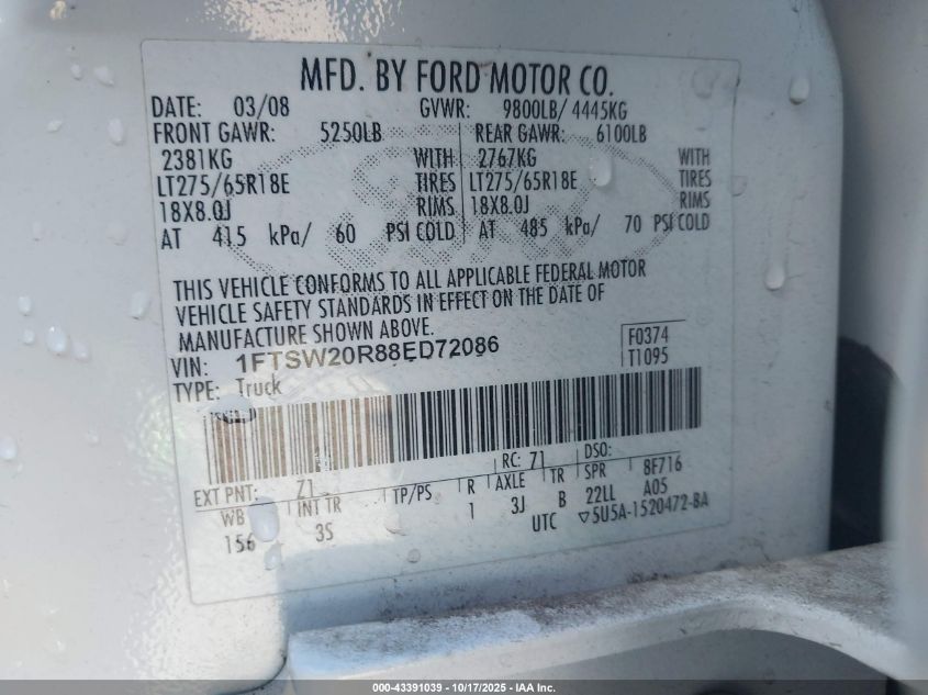 2008 Ford F-250 Xlt VIN: 1FTSW20R88ED72086 Lot: 43391039