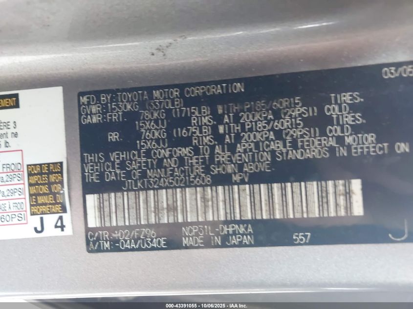 2005 Scion Xb VIN: JTLKT324X50215608 Lot: 43391055