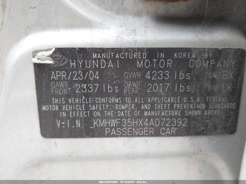 2004 Hyundai Sonata Gls/Lx VIN: KMHWF35HX4A072392 Lot: 43391056